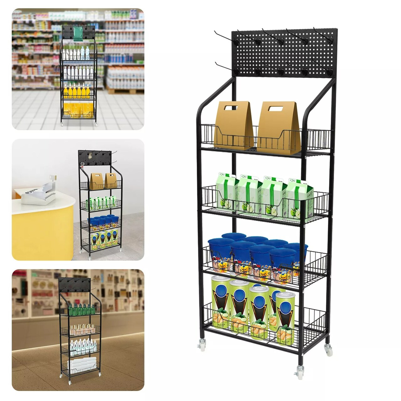 50*27*140cm4Tier Mobile Retail Snack Storage Organizer Display Rack Basket Stand